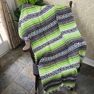 La Malinche Mexican Blanket Green White Black White Fringed Ends Made in Mexico